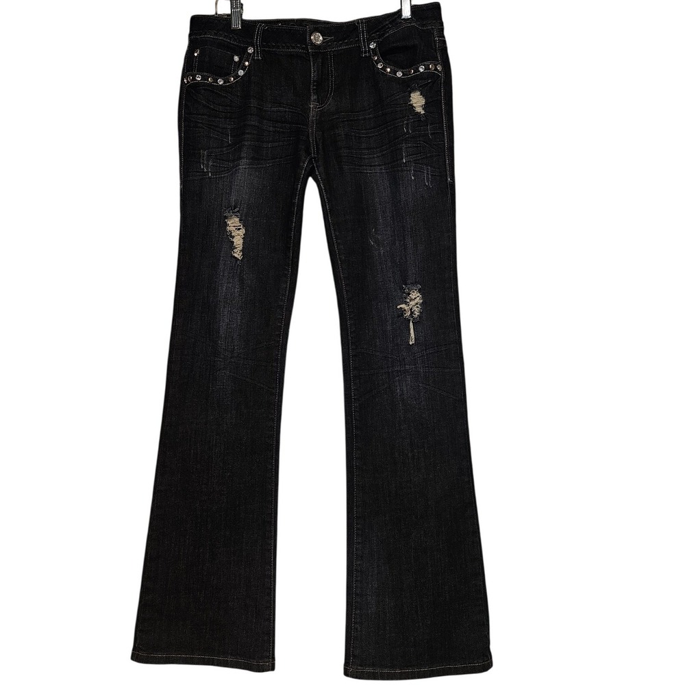 LA Idol USA Womens Dark Wash Distressed Rhinestone Bootcut Jeans Size 11 W33 L34
